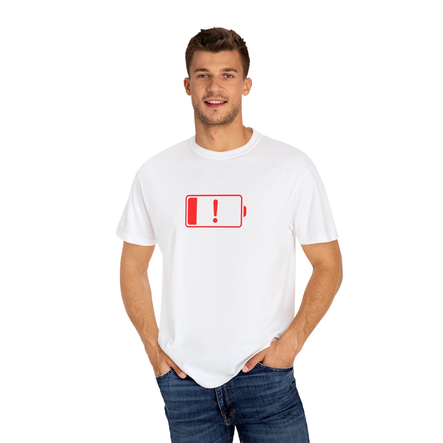 Battery Alert Unisex Garment-Dyed T-shirt | Casual Wear, Funny Gift, Graphic Tee, Recharge Humor, Everyday Comfort
