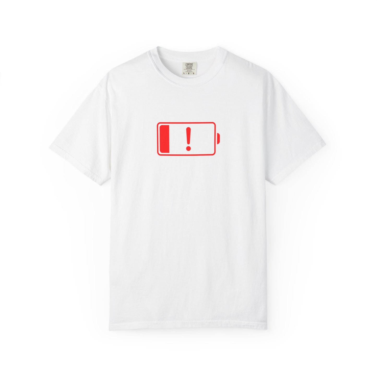 Battery Alert Unisex Garment-Dyed T-shirt | Casual Wear, Funny Gift, Graphic Tee, Recharge Humor, Everyday Comfort