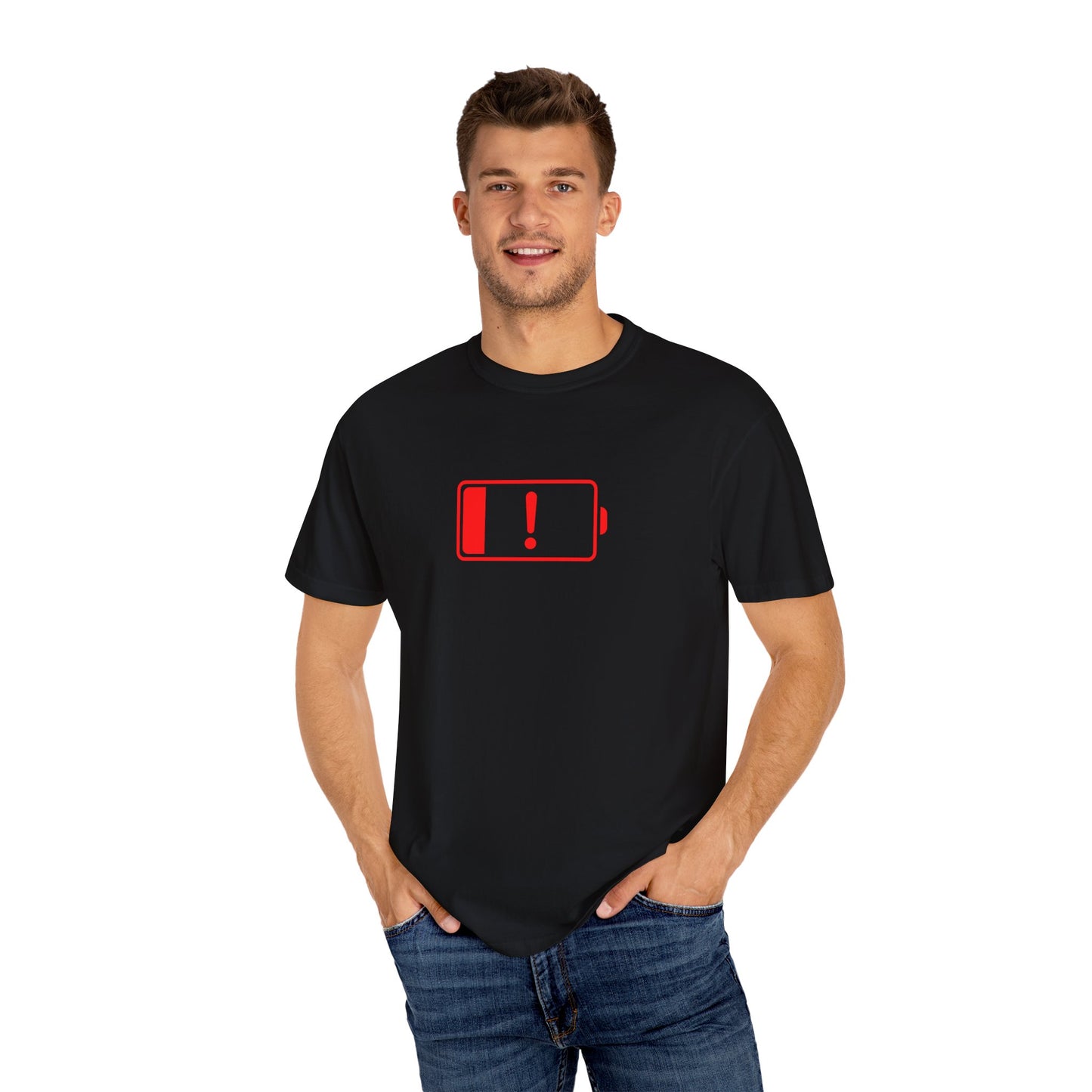 Battery Alert Unisex Garment-Dyed T-shirt | Casual Wear, Funny Gift, Graphic Tee, Recharge Humor, Everyday Comfort